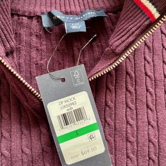Tommy Hilfiger Women's Cotton Quarter Zip Cable Knit Sweater - Aubergine Color - Picture 4 of 7